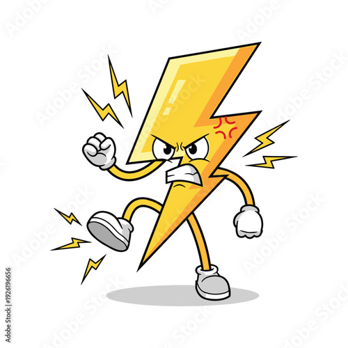 Angry cartoon lightning bolt character with energetic pose and shocked expression