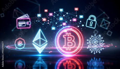 A futuristic digital landscape showcasing cryptocurrency symbols and icons, surrounded by neon lights and abstract shapes, viewed from a straight-on perspective with a dark ambiance.