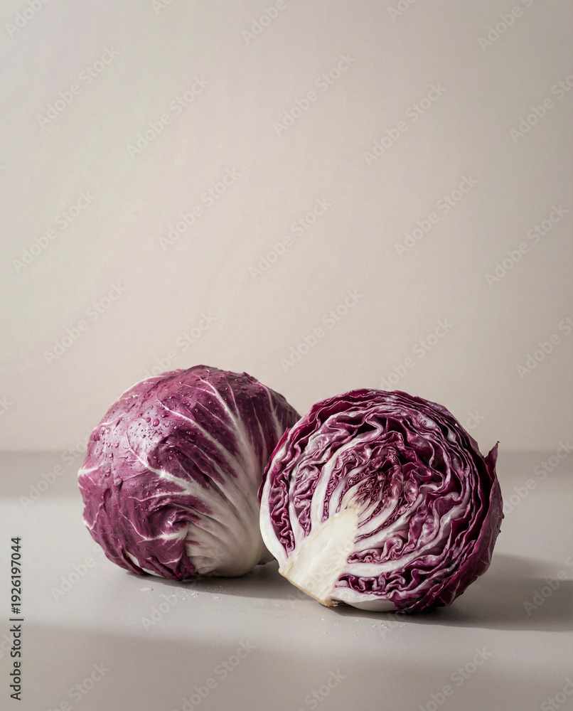 Obraz premium Radicchio Half Cut Close Up – Organic Italian Red Chicory with Water Drops