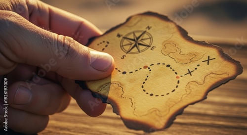 Hand holding vintage treasure map closeup.