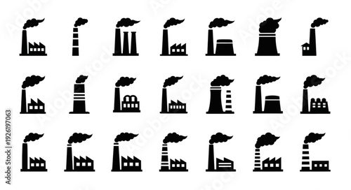 Industrial factory silhouettes emitting smoke, representing pollution and manufacturing processes.