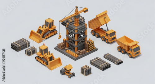 Construction Site with Heavy Machinery Models.