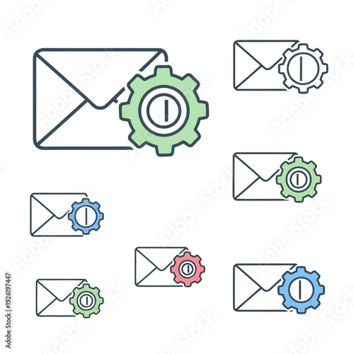 Email icons with gears symbolizing email settings or configuration from a top view