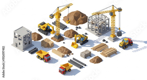 Construction Site with Heavy Machinery Models.