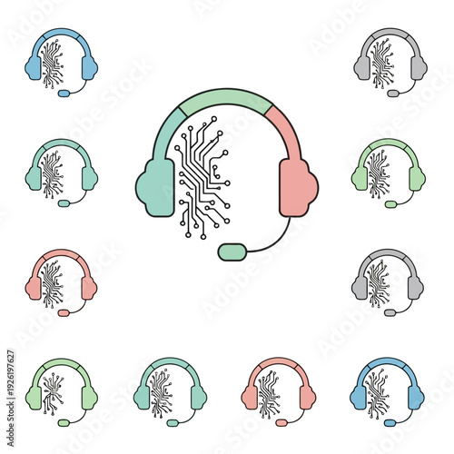 Collection of diverse headset icons with microphone and abstract neural network illustration in various colors