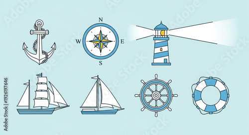 Nautical themed collection featuring anchor, compass, lighthouse, sailboats, ship wheel, and life preserver.