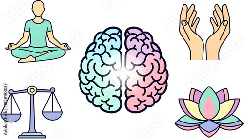 A serene illustration of a person meditating with a brain and hands in a yoga pose surrounded by symbols of balance and harmony in a peaceful environment from a straightforward viewpoint