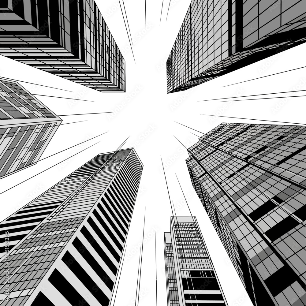 Fototapeta premium Skyscrapers looking up, modern architecture, cityscape, urban perspective, city center