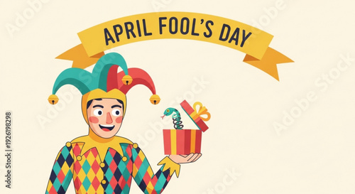 Jester holding gift on april fool's day with colorful jester's hat and outfit
