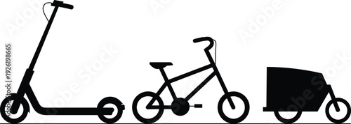 Electric scooter, bicycle and cargo delivery bike silhouettes set, urban eco transportation collection isolated on white background, sustainable mobility concept