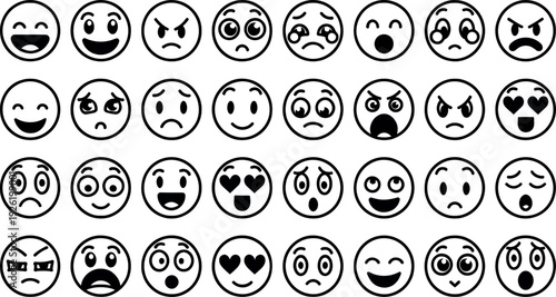 Black and white vector icons with smiling and expressive faces