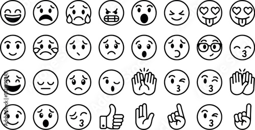Black and white cartoon number icon set with faces and emoticons