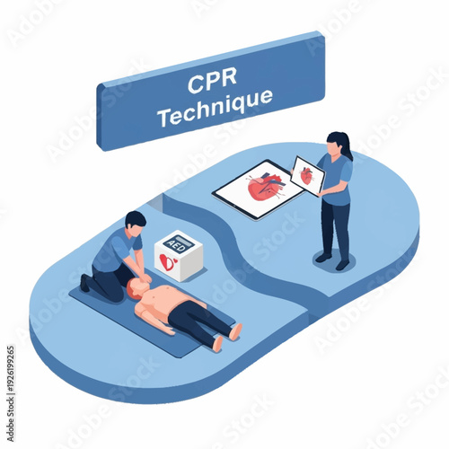 CPR Technique Illustration with Rescuer and Patient on Blue Background.