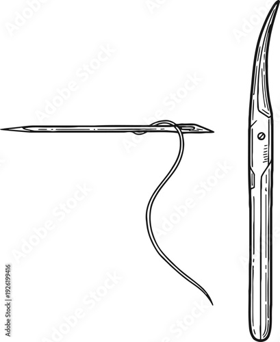 Hand drawn sketch of surgical needle with thread and tweezers forceps line art vector illustration