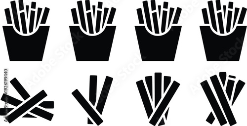 French fries silhouettes set with fast food potato sticks in carton boxes isolated on white background for snack and restaurant design