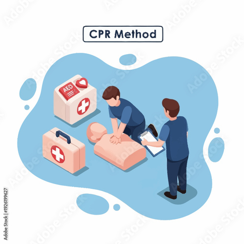 Medical Professionals Practicing CPR on Dummy with First Aid Kits Nearby.