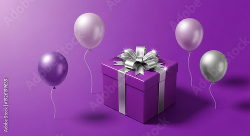 Purple gift box with silver ribbon and balloons on purple background for celebration