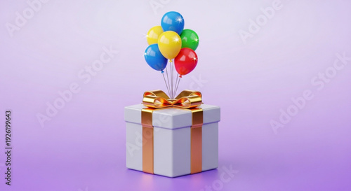 White gift box with gold ribbon and colorful balloons on purple background for celebration