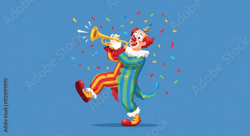 Jubilant clown playing trumpet with confetti celebrating joyful moment with colorful festive atmosphere