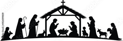 Nativity scene silhouette with Holy Family, baby Jesus in manger, shepherds and animals under stable isolated on white background