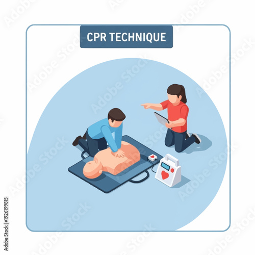 Illustration of CPR technique being demonstrated on a dummy with a defibrillator.