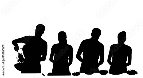 Silhouette of a group of four people preparing a meal together in a kitchen setting. isolated on transparent background, Vector
