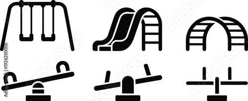 Playground equipment silhouette set with swing set, slide, climbing arch and seesaw isolated on white background for kids park design