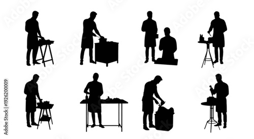 Collection of black silhouettes representing different craftsmen working at their stations isolated on transparent background, Vector
