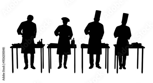 Silhouettes of four professional chefs preparing food on individual work tables in a kitchen isolated on transparent background, Vector