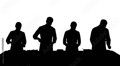 Silhouette of four professional people working together at a long table or counter isolated on transparent background, Vector