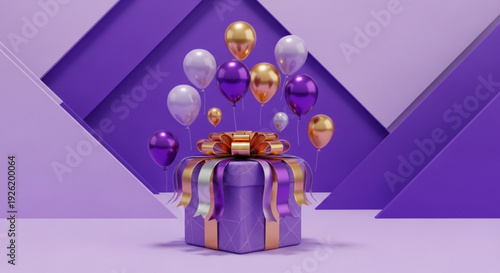 Vibrant purple gift box with gold accents and colorful balloons floating upwards in a celebratory festive scene