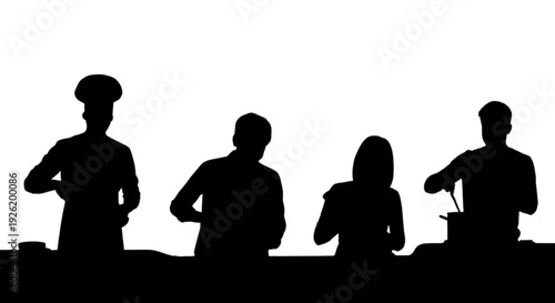 Silhouettes of four individuals engaged in a relaxed social gathering at a counter. isolated on transparent background, Vector