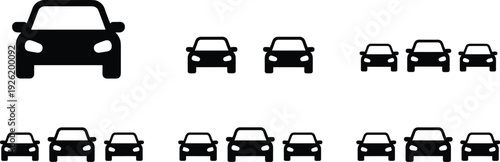 Car front view silhouette icons collection, automobile vehicle black transport symbols set, flat vector illustration isolated background