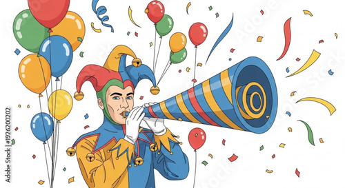 Jester in colorful outfit blows party horn surrounded by balloons and confetti on white background