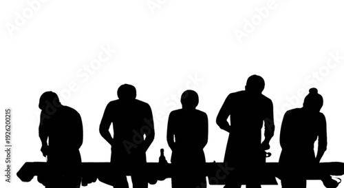 Silhouette of five people standing behind a long table against a stark white background. isolated on transparent background, Vector