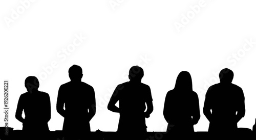 A group of five people shown in black silhouette against a stark white backdrop. isolated on transparent background, Vector