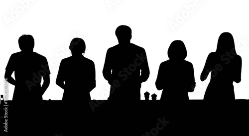 Silhouettes of people engaged in a casual group discussion at a table setting isolated on transparent background, Vector
