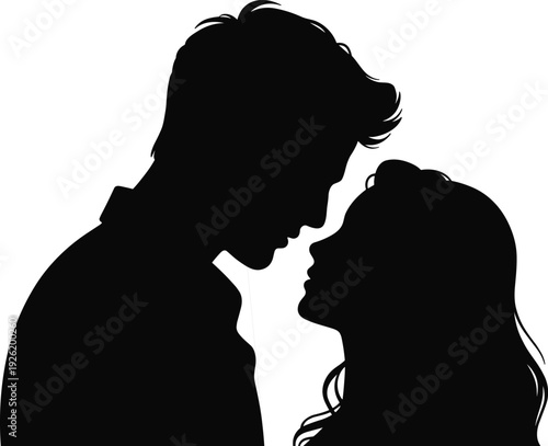 Romantic couple silhouette portrait, man and woman facing closely in love, intimate profile view isolated on white background, relationship concept