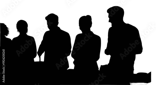 Group of silhouetted individuals engaged in a discussion or meeting isolated on transparent background, Vector