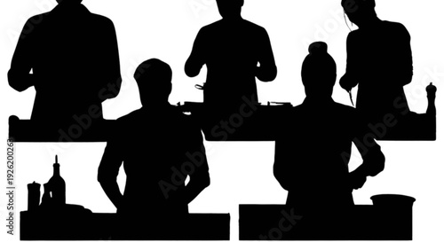 Silhouettes of people enjoying drinks and conversation at a social gathering isolated on transparent background, Vector