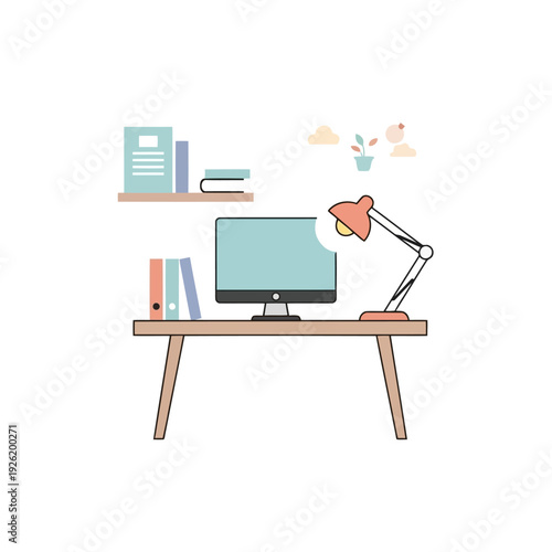 Modern office workspace with computer, lamp, and books on a wooden desk in a minimalist environment viewed from the front