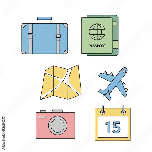 Travel icons including suitcase, passport, map, airplane, camera, and calendar illustrating adventure and journey preparations in a modern, vector graphic style