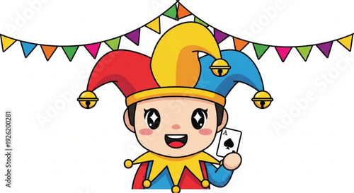 Jester holding a playing card smiling under colorful bunting on white background