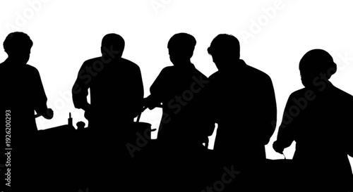 Silhouettes of people gathered around a table in a dimly lit room isolated on transparent background, Vector