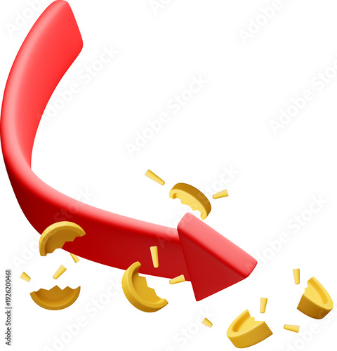 3d Red arrow downward with gold coin pieces