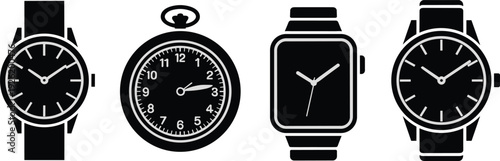 Set of black watch silhouettes including wristwatch, pocket watch, and smart watch icons isolated on white background for time concept design