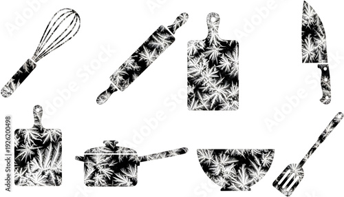Tropical kitchen utensil icon set. Includes whisk, rolling pin, cutting board, knife, pot, pan, spatula, towel. Created in black and white line art with tropical leaf pattern