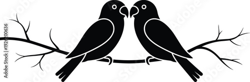 Two birds silhouette sitting on tree branches, romantic couple facing each other, black vector illustration isolated on white background, love concept