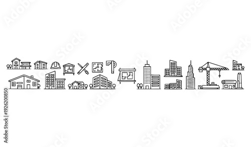 Linear building and house outline icon collection architecture editable stroke vector set