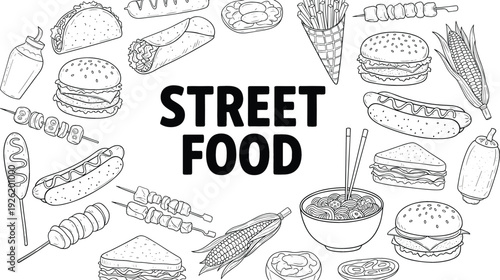 Hand Drawn Street Food Doodle Set with Burgers, Tacos, Hot Dogs, Ice Cream, Noodles and Fast Food Sketch Illustrations
